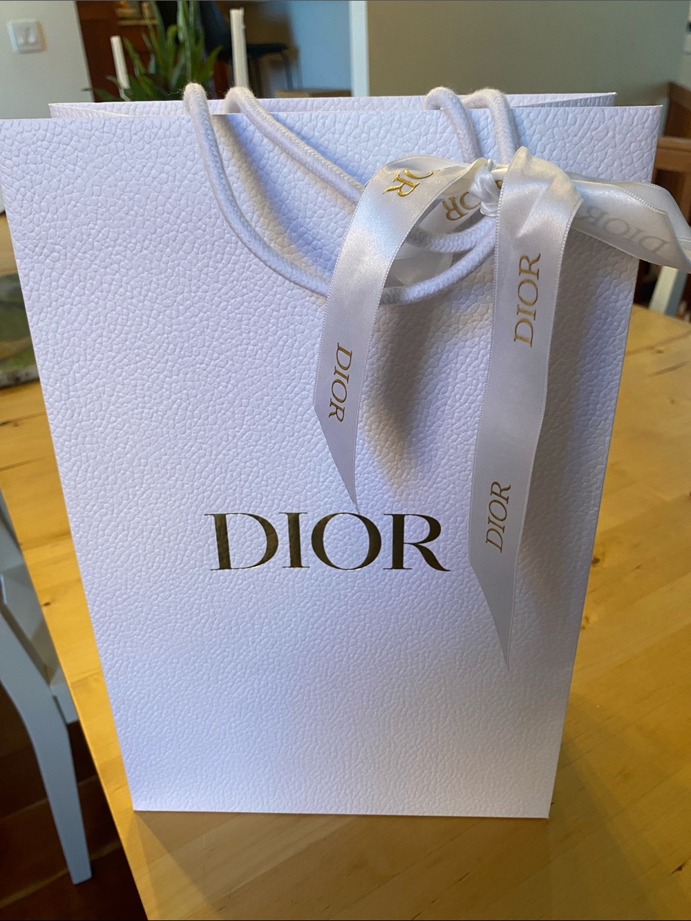 Dior White Gift Bag with Gold Logo and Ribbon